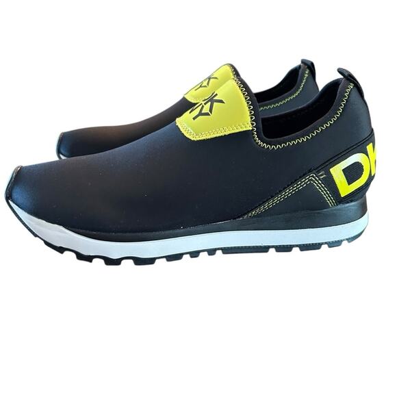 DKNY Jolie-Slip On Sneakers Neoprene Black Neon Yellow Logo NEW 7.5 - Picture 7 of 11